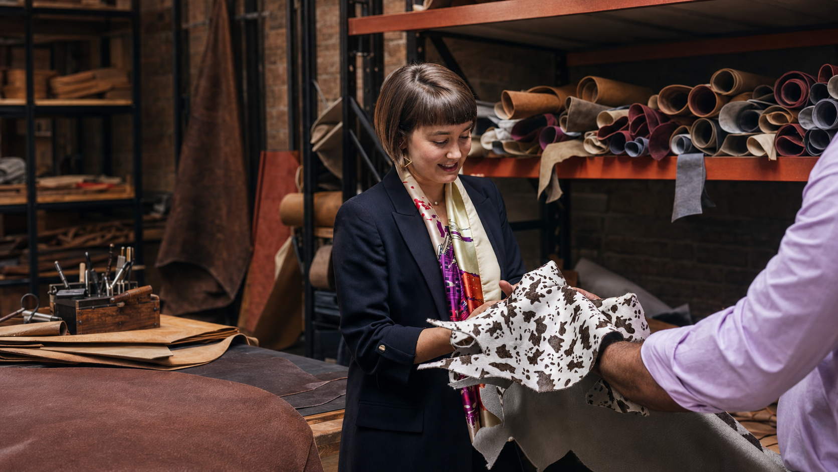 Full-grain leather hides selected for a small-batch run