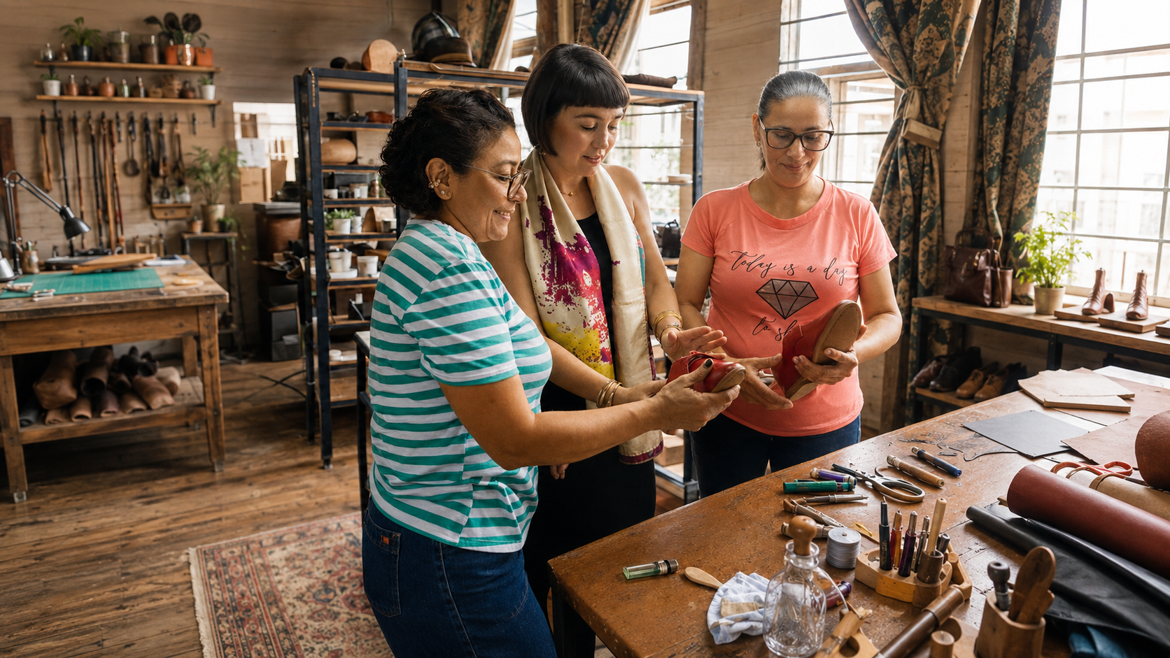 Colombian artisans finishing a pair of Womads leather flats
